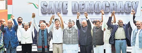 Congress President Mallikarjun Kharge with party leaders Rahul Gandhi, K C Venugopal and Adhir Ranjan Chowdhury, CPI(M)’s Sitaram Yechury, NCP’s Sharad Pawar, DMK’s Tiruchi Siva and CPI’s D Raja durin