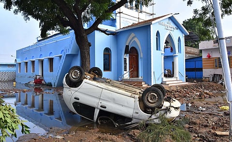 A car wash out during the flood at Srivaikuntam in Tamil Nadu. (Photo | V Karthikalagu, EPS)