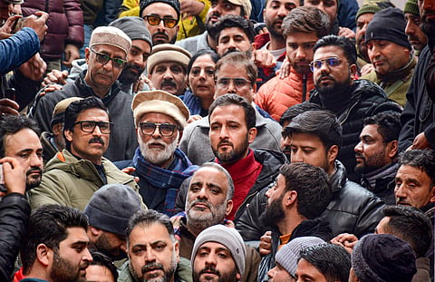 J&K's National Conference leader Ali Muhammad Sagar with other leaders during a protest against the deaths of three civilians near the site of an anti-terrorist operation in Poonch. (Photo | PTI)