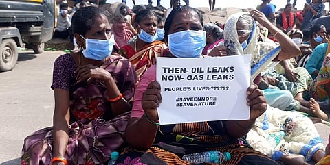 Residents staging a protest for the permanent closure of the plant. (Photo | Express)