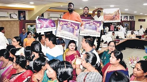 Opposition Congress and BJP created a ruckus demanding a discussion on alleged irregularities in the conduct of Baliyatra.