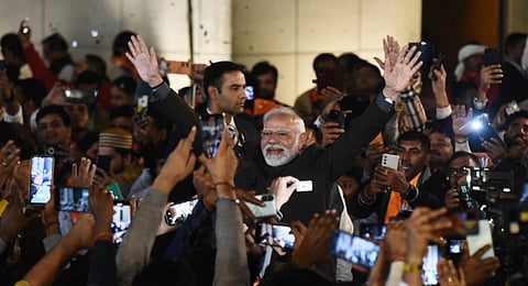 PM Narendra Modi arrives at BJP headquarters in Delhi after the parties triumphant victory in 3 Assembly elections.(Photo | Parveen Negi, EPS)