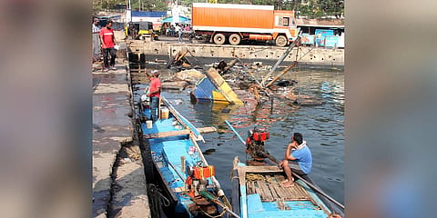 A view of fishing boats after fire incident at fishing harbour in Visakhapatnam. (Express | G Satyanarayana)