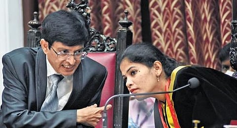 Greater Chennai corporation Mayor Priya and corporation commissioner Radha krishnan during the corporation council meeting at Rippon building on Friday. (Photo | Ashwin Prasath, EPS)