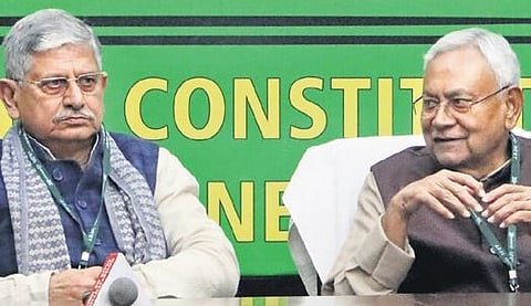 Lalan Singh and Nitish Kumar at the JD(U) meet on Friday. (Photo | Shekhar Yadav)