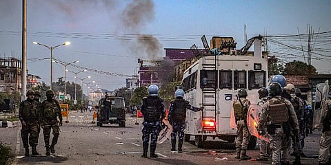 In this September 2023 image, security personnel stand guard in Manipur (Photo | PTI)