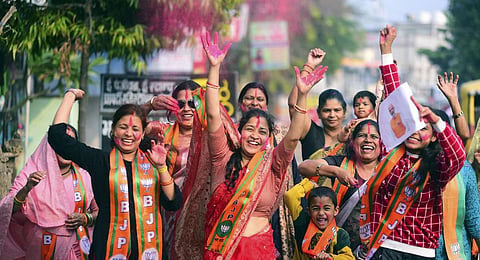 BJP workers and supporters celebrate party's lead in Madhya Pradesh, Rajasthan and Chhattisgarh during counting of votes for elections to the Legislative Assemblies of the states.(Photo | PTI)