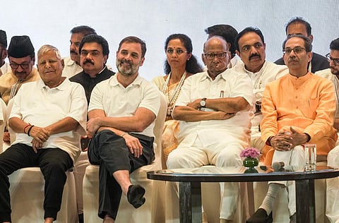INDIA bloc leaders during a meeting. (Photo | PTI)