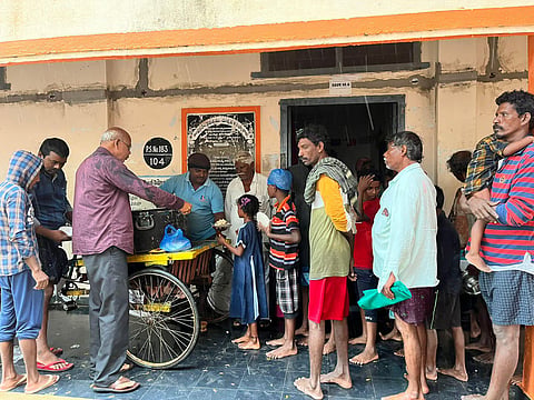 Food being distributed to people at a relief camp in Bapatla (Photo | Express)