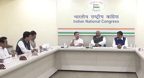 Congress president Mallikarjun Kharge and other party leaders during the review meeting at the All India Congress Committee headquarters in Delhi, on Friday. (Photo | X@INCIndia)