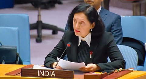 India's Permanent Representative to the UN Ambassador Ruchira Kamboj speaks at the UN Security Council meeting in New York, Dec 8, 2023. (Photo | X@IndiaUNNewYork)