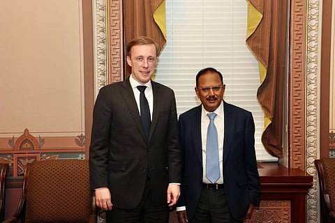 India's National Security Advisor Ajit Doval meets with his US counterpart Jake Sullivan in Washington, Feb. 1, 2023. (Photo | Twitter @JakeSullivan46)