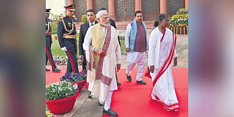 President Droupadi Murmu, along with PM Narendra Modi, proceeds to address the joint session of Parliament on Tuesday. (Photo | Shekhar Yadav )