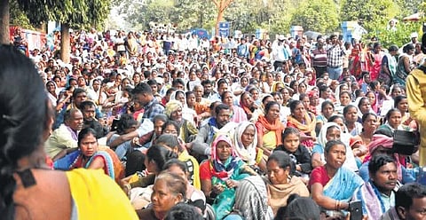 Tribals staging protest near Rourkela ADM office on Tuesday. (Photo I Express)