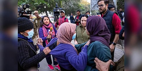 Police detain members of Bhim Army Student Federation for planning to screen the BBC documentary 'India: The Modi Question', outside Delhi University Arts Faculty on Jan 27, 2023. (Photo| PTI)