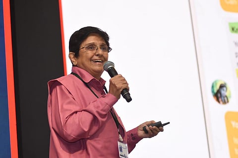 Former Puducherry L-G Kiran Bedi talks about 'Public Service as a Career: Empowering people' at TNIE's ThinkEdu Conclave in Chennai, Feb.9, 2023. (Photo | Ashwin Prasath, EPS)