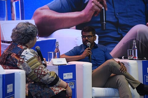 Author and advocate J Sai Deepak speaks during a discussion on 'India and Bharat: Evolution or Revolution?' at TNIE's ThinkEdu conclave in Chennai, Feb.9, 2023. (Photo | R Satish Babu, EPS)