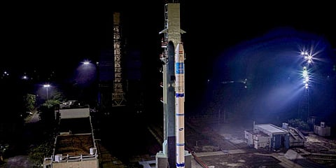 ISRO's Small Satellite Launch Vehicle SSLV-D2 carrying EOS-07, Janus-1 and AzaadiSAT-2 satellites sits on a launch pad ahead of its launch, at Satish Dhawan Space Centre in Sriharikota. (Photo | PTI)