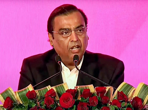 Industrialist Mukesh Ambani addresses during the inauguration of Uttar Pradesh Global Investors Summit 2023, in Lucknow, Feb. 10, 2023. (Photo | PTI)