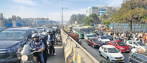 The traffic jam on Ballari Road near Yelahanka on Saturday | Vinod Kumar T