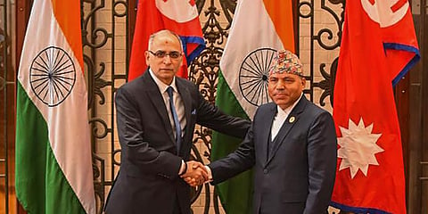 India's Foreign Secretary Vinay Kwatra with his Nepalese counterpart Bharat Raj Paudyal during a meeting, in Kathmandu, Monday, Feb. 13, 2023. (Photo | PTI)