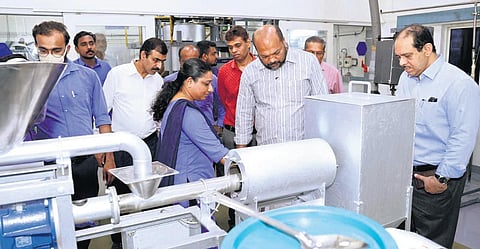 Industries Minister P Rajeeve visits the graphene plant in Kakkanad on Friday