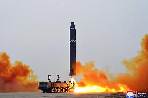 A test launch of a Hwasong-15 intercontinental ballistic missile at Pyongyang International Airport in Pyongyang, North Korea Saturday, Feb. 18, 2023. (Photo | AP)
