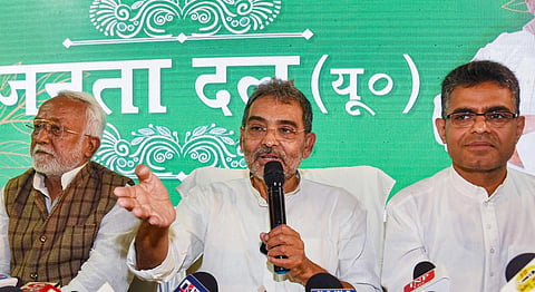 Janta Dal (United) National Parliamentry Board President Upendra Kushwaha addresses a press conference, in Patna, on 20 Feb 2023. (Photo | PTI)