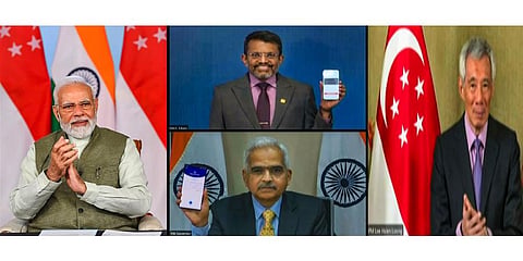 PM Narendra Modi and Singapore PM Lee Hsien Loong witness the launch of UPI-PayNow linkage via video conferencing, Feb. 21, 2023. (Photo | PTI)