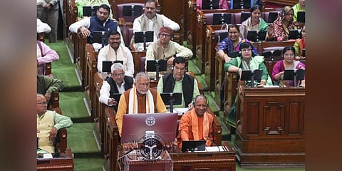 UP FM Suresh Kumar Khanna presents the State Budget 2023-24 in the Assembly, in Lucknow, Wednesday, Feb. 22, 2023. UP Chief Minister Yogi Adityanath is also seen. (Photo | PTI)