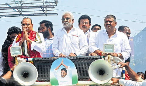 YSRC nominee Sitamraju Sudhakar goes in a procession to file his nomination papers for the MLC election in Visakhapatnam on Wednesday