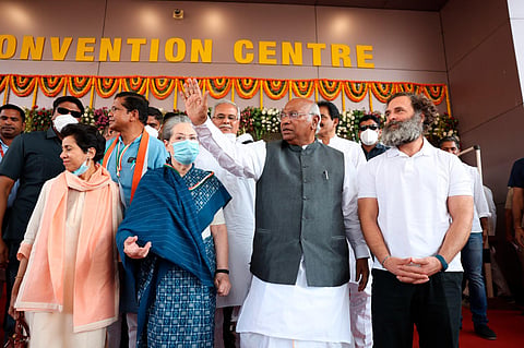 Congress President Mallikarjun Kharge with party leaders Sonia Gandhi, Rahul Gandhi and others during the 85th Plenary Session of the Indian National Congress, in Raipur, Feb. 24, 2023. (Photo | PTI)
