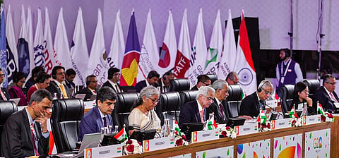 Finance Minister Nirmala Sitharaman with RBI Governor Shaktikanta Das and other dignitaries during the G20 FM meet, in Bengaluru, Feb. 24, 2023. (Photo | PTI)