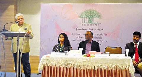 Justice Devan Ramachandran talking after launching the website of Bodhini. Actress Poornima Indrajith, Vigilance ADGP Manoj Abraham and Intelligence IG P Prakash are also seen