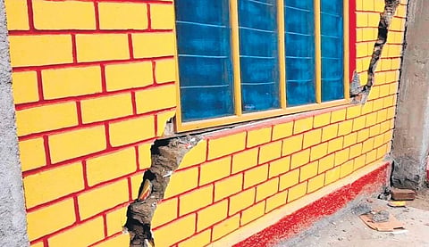 Cracks that appeared in houses at Nai Basti area in Doda district, Jammu and Kashmir. (Photo | PTI)
