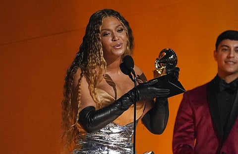 Beyonce accepts the award for best dance/electronic music album for 'Renaissance' at the 65th annual Grammy Awards on Feb. 5, 2023, in Los Angeles (Photo | AP)
