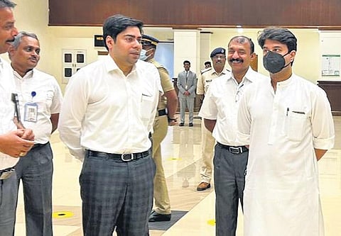 CIAL managing director S Suhas explaining the facilities of the Kochi airport to Minister for Civil Aviation Jyotiraditya Scindia during his visit on Saturday