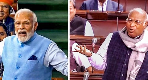 Prime Minister Narendra Modi and Congress leader Mallikarjun Kharge . (Photo | PTI)