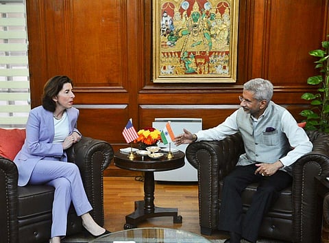 US Commerce Secretary Gina Raimondo interacts with India's External Affairs Minister S Jaishanakr in New Delhi, Mar. 10, 2023. (Photo | Twitter @DrSJaishankar)