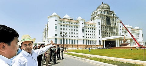 Chief Minister K Chandrasekhar Rao inspects the ongoing works at the Secretariat complex in Hyderabad on Friday