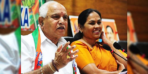 A file photo of former Karnataka Chief Minister BS Yediyurappa and MoS Agriculture Shobha Karandlaje in Bengaluru. (Photo | Nagesh Polali, EPS)
