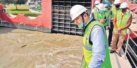 DJB vice-chairman Raghav Chadha visits Bhagirathi water treatment plant. (Photo } PTI)