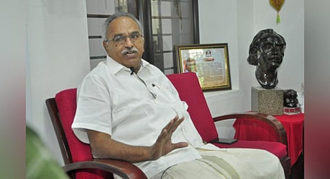 I state secretary Kanam Rajendran interacting with TNIE team of journalists as part of the Express Dialogues series.(Photo | BP Deepu)