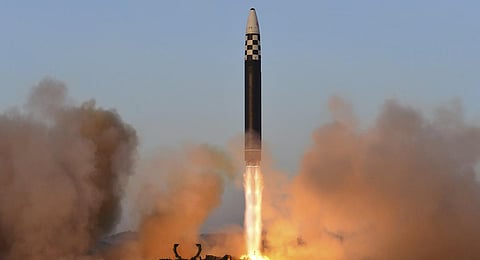 The launch of a Hwasong-17 intercontinental ballistic missile (ICBM) at Pyongyang International Airport. (Photo | AFP)