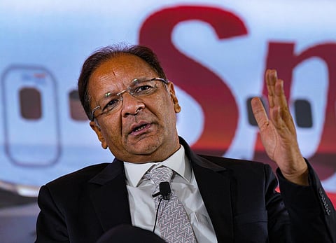 SpiceJet Chairman and Managing Director Ajay Singh speaks during an interactive session at the CAPA India Aviation Summit 2023, in New Delhi. (Photo | PTI)