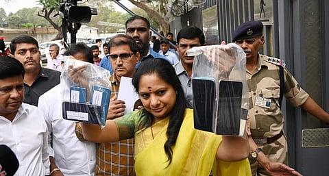 BRS leader K Kavitha poses in front of the Enforcement Directorate office in New Delhi on Tuesday, March 21. 2023. (Photo | Shekhar | Yadav, EPS)
