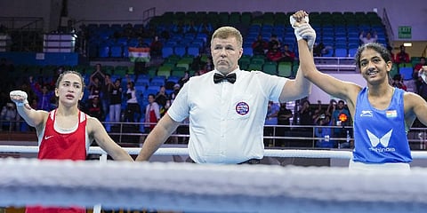 India's Nitu (blue) being declared winner during her 45-48kg category match against Uzbekistan's Sumaiya at the 2023 IBA Women's Boxing World Championship.(Photo | PTI)