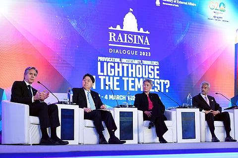 Antony Blinken, Yoshimasa Hayashi, Penny Wong and S Jaishankar participate in a Quad ministers' panel at the Taj Palace Hotel in New Delhi. (Photo | PTI)