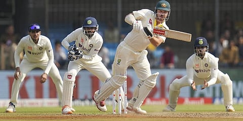 Australian batter Travis Head plays a shot during the third day of the 3rd test cricket match between India and Australia, at Holkar Cricket Stadium in Indore on March 3, 2023 (Photo | PTI)