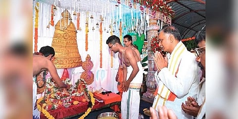 Telangana Finance Minister T Harish Rao participates in Sri Rama Navami celebrations at the Shivaji Nagar Hanuman temple in Siddipet town on Thursday